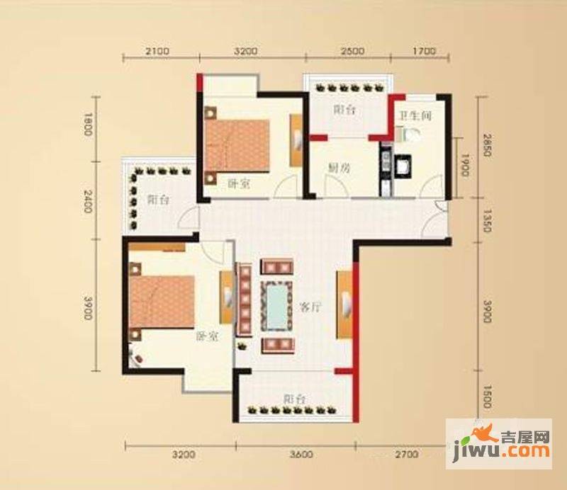 楚天都市金园2室1厅1卫88.7㎡户型图