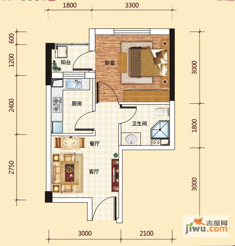 兰亭熙园1室1厅1卫37㎡户型图