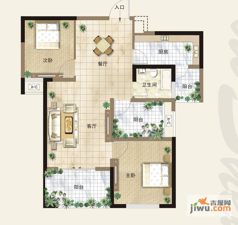 保利才盛景苑2室2厅1卫87.4㎡户型图