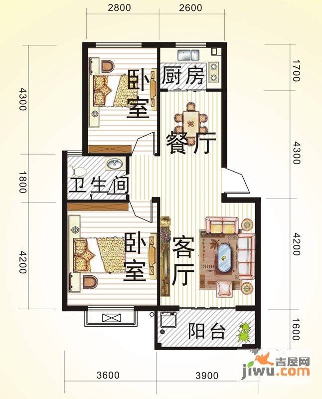 华府名居2室2厅1卫78.5㎡户型图