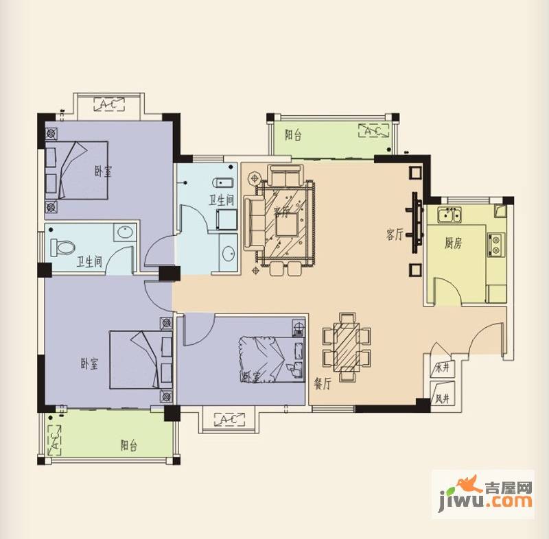 维纳阳光3室2厅1卫74.8㎡户型图