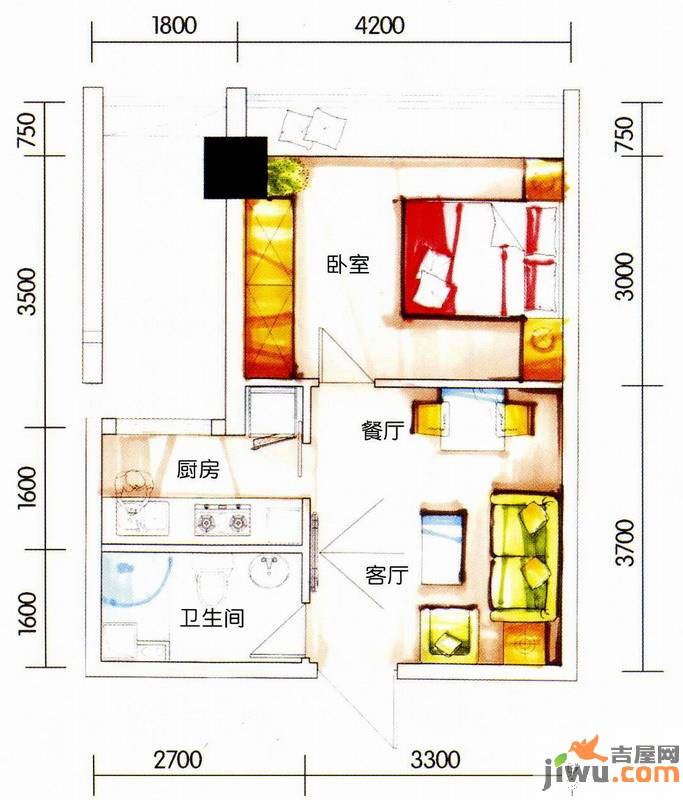 新生活摩尔城柠檬墅1室2厅1卫45㎡户型图