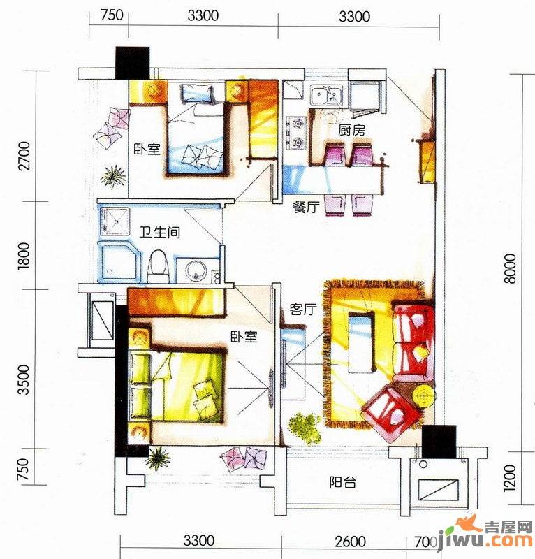 新生活摩尔城柠檬墅2室2厅1卫73.3㎡户型图