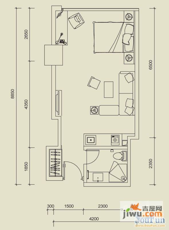 光谷时代广场1室1厅1卫50.6㎡户型图