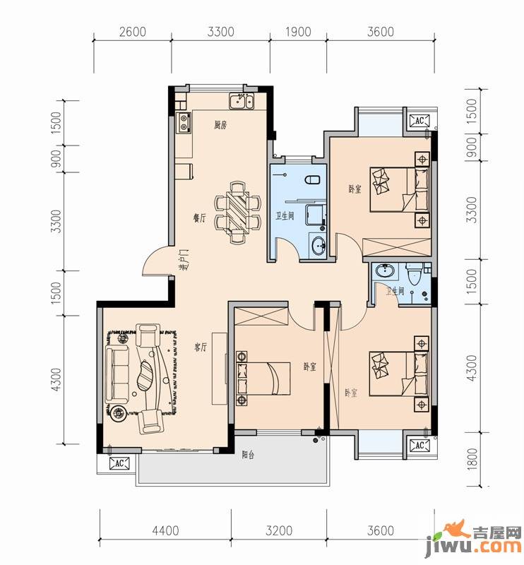 金燕虹景新都3室2厅2卫131㎡户型图