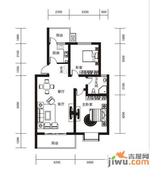 城市之光2室2厅1卫78㎡户型图