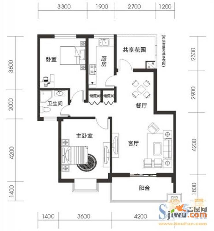 城市之光2室2厅1卫91.1㎡户型图