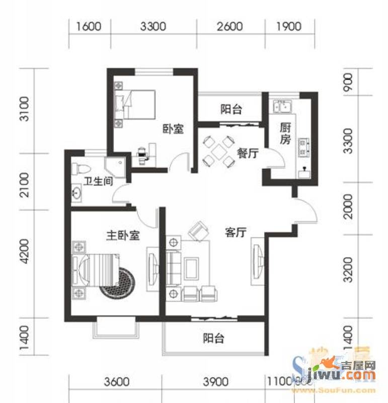 城市之光2室2厅1卫90.5㎡户型图