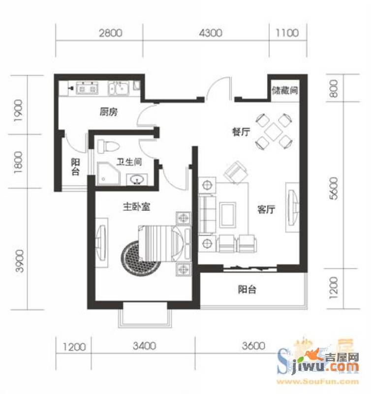 城市之光1室1厅1卫63.2㎡户型图