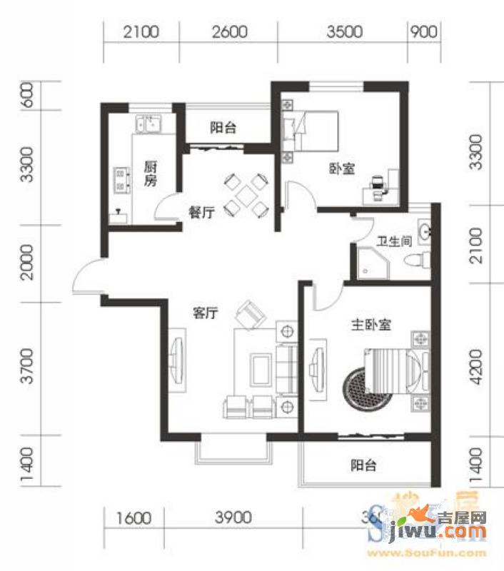 城市之光2室2厅1卫95.4㎡户型图