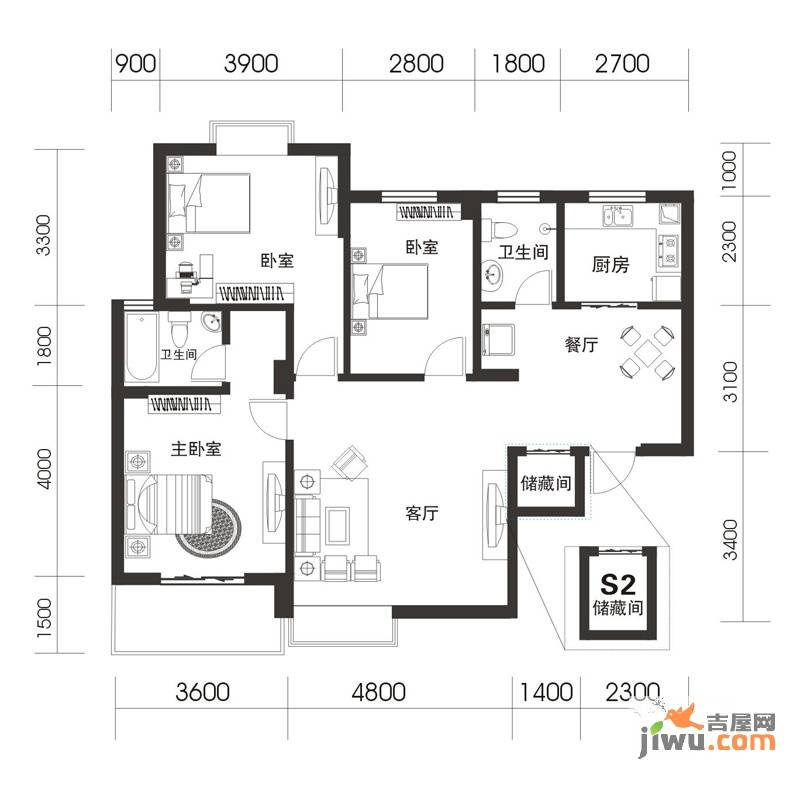 城市之光3室2厅2卫115.9㎡户型图