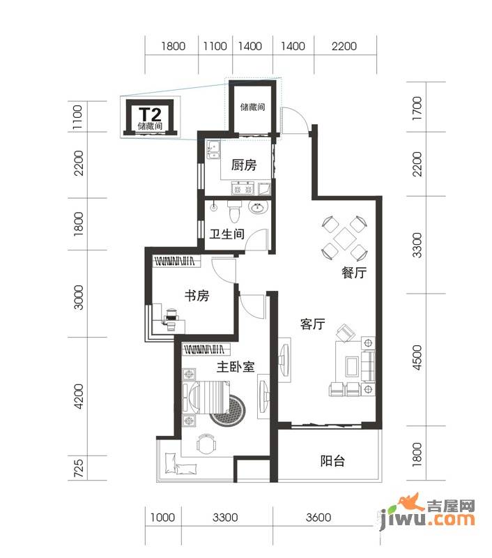 城市之光2室2厅1卫86.4㎡户型图