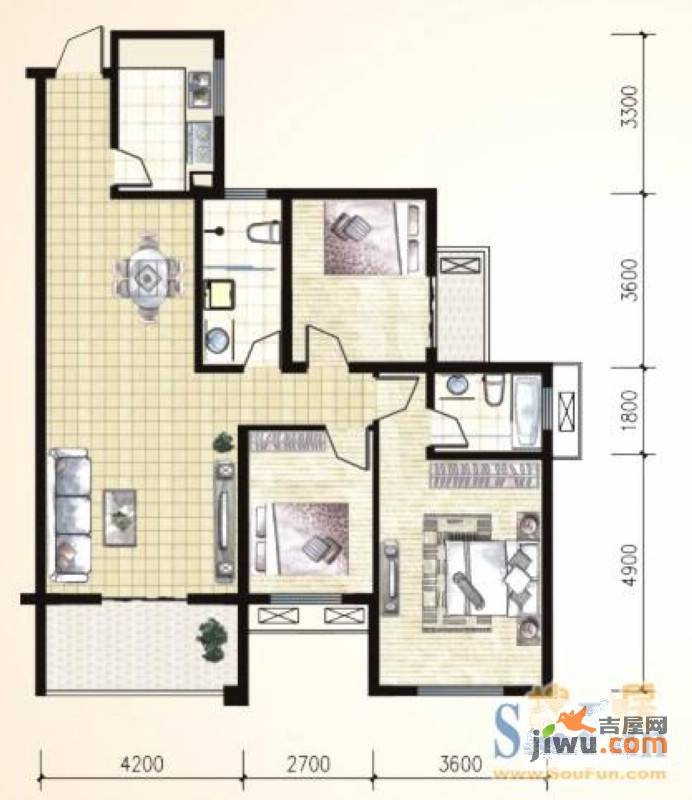 锦湖金利花园3室2厅2卫138㎡户型图