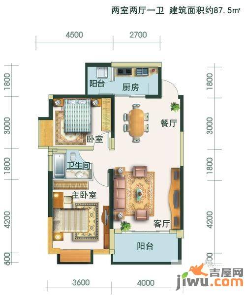 佳阳公园一号2室2厅1卫87.5㎡户型图