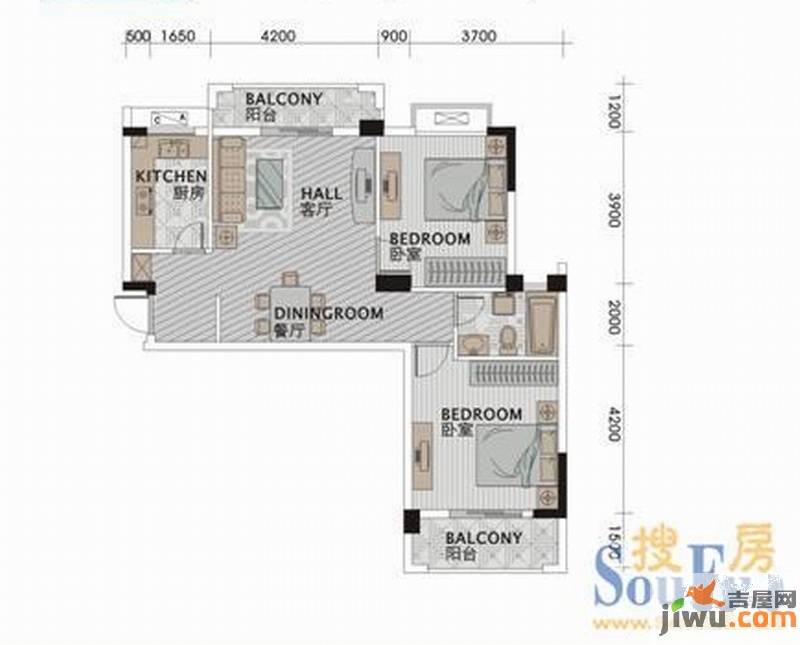 佳海歌林花园2室2厅1卫88.5㎡户型图