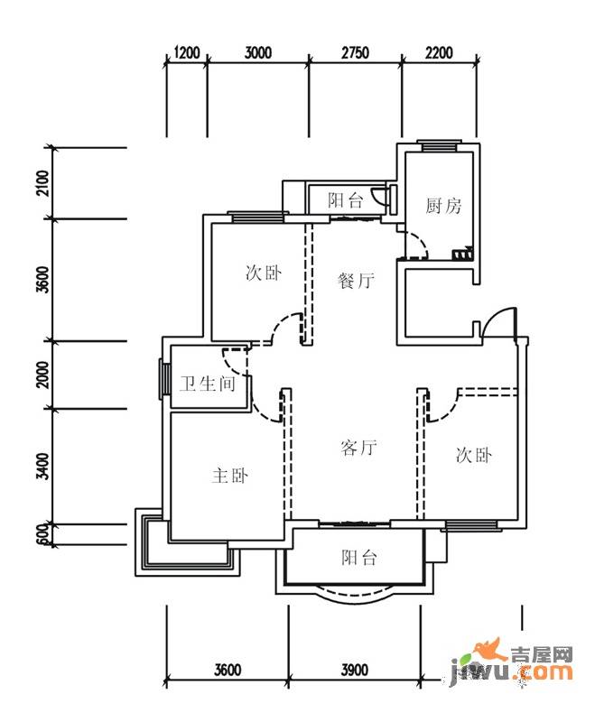 汉口花园幽兰居北区3室2厅1卫109㎡户型图