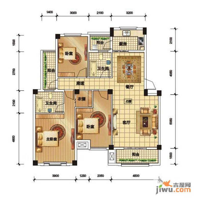 远洋世界3室2厅2卫126.5㎡户型图