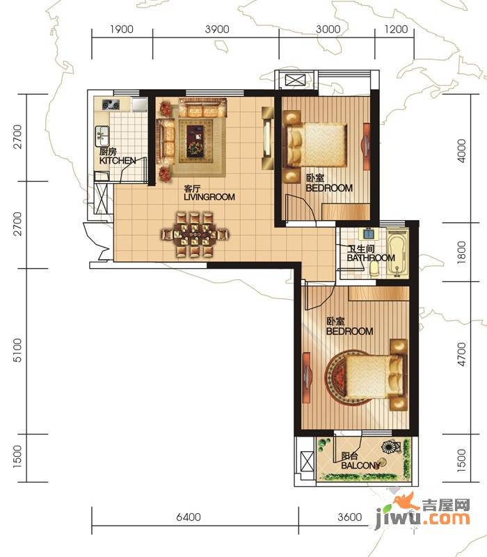 福星惠誉福星城2室2厅1卫91.4㎡户型图