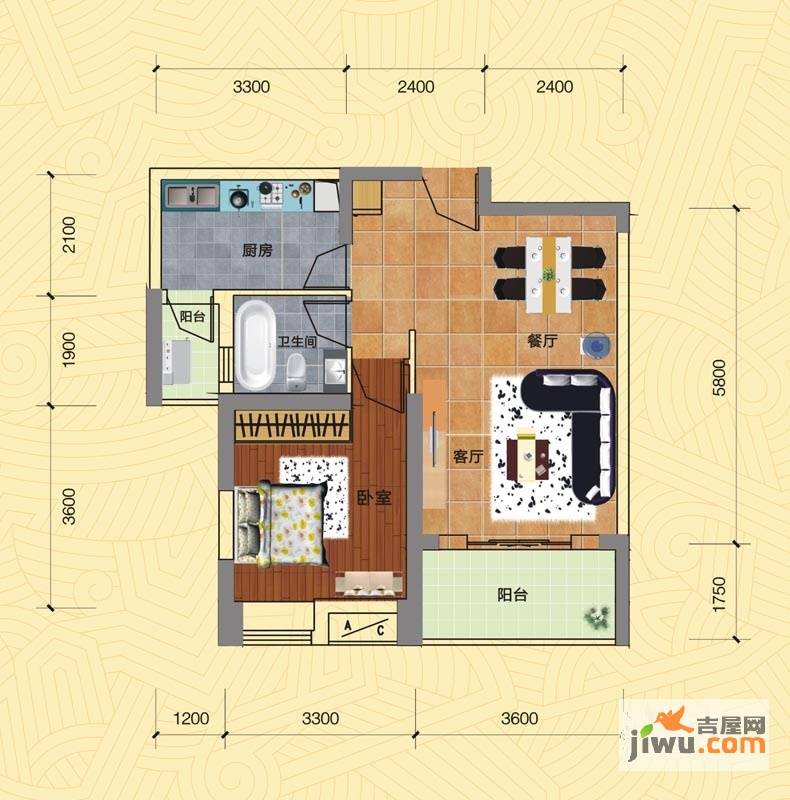 天合新界1室1厅1卫64.8㎡户型图