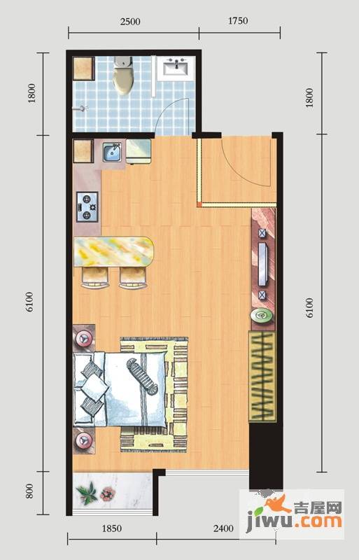 bobo城1室1厅1卫46㎡户型图