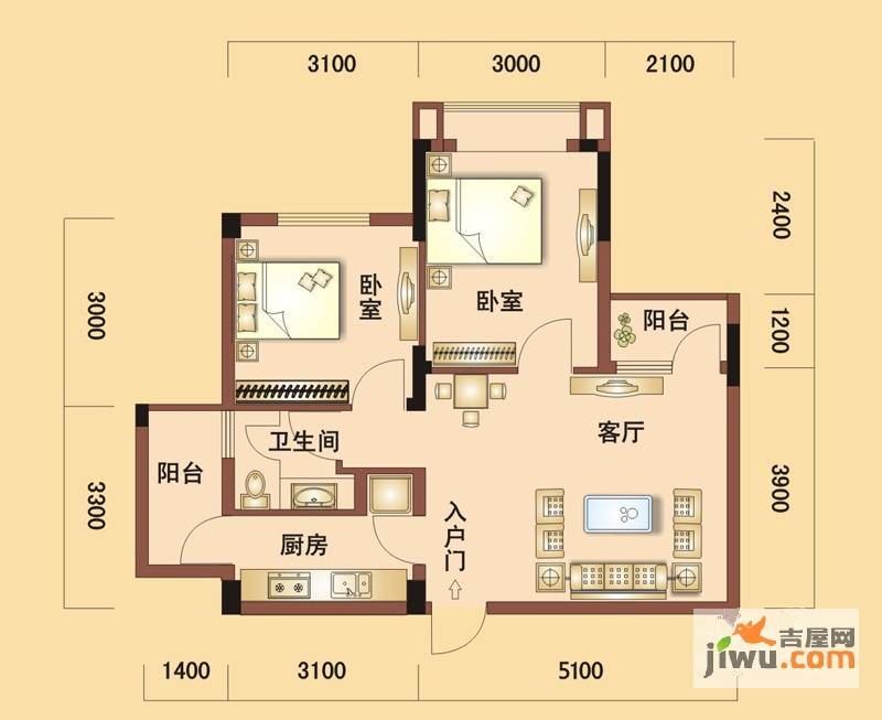 南国明珠芯片人社区2室2厅1卫65.2㎡户型图