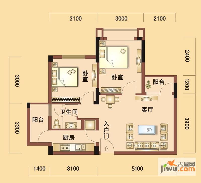 南国明珠芯片人社区2室2厅1卫65.2㎡户型图