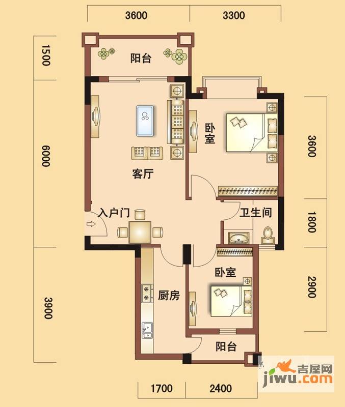 南国明珠芯片人社区2室2厅1卫70.8㎡户型图