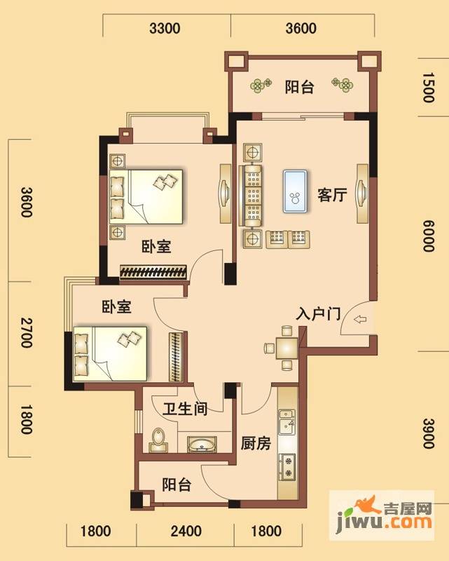 南国明珠芯片人社区2室2厅1卫74.1㎡户型图