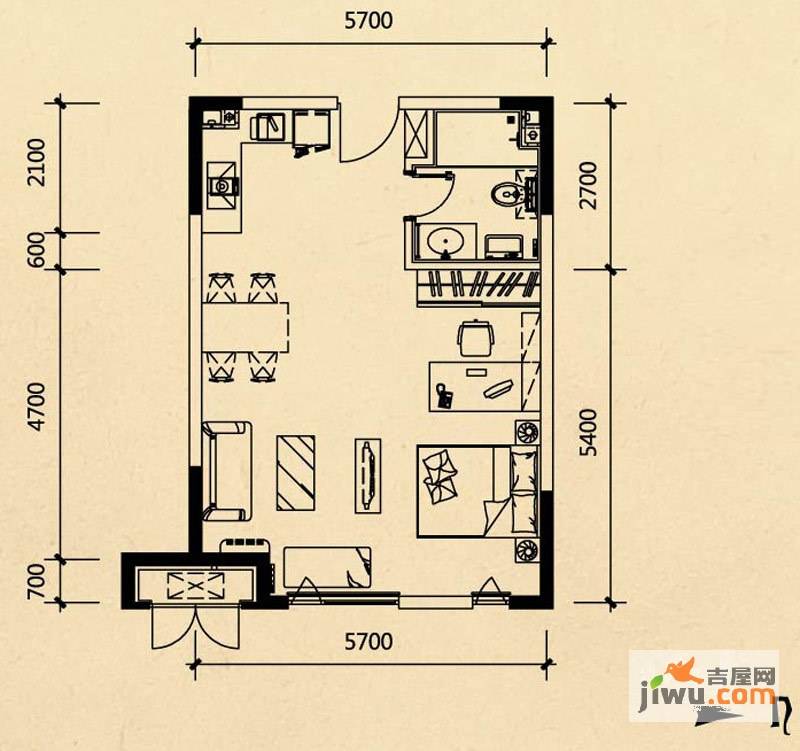 万科金色雅筑1室2厅1卫58㎡户型图