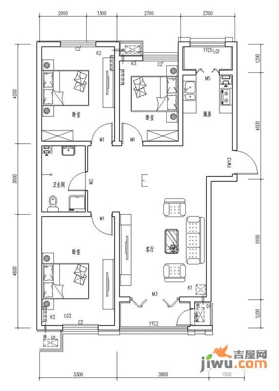 新华英郡3室2厅1卫111.9㎡户型图