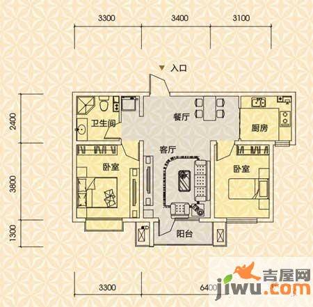 京港国际城2室2厅1卫89.2㎡户型图