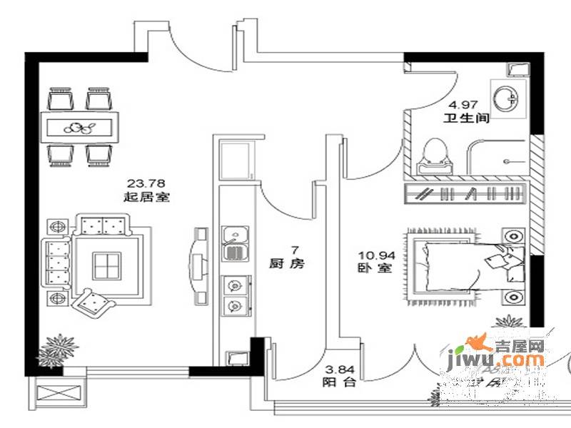 洛卡小镇1室1厅1卫74㎡户型图