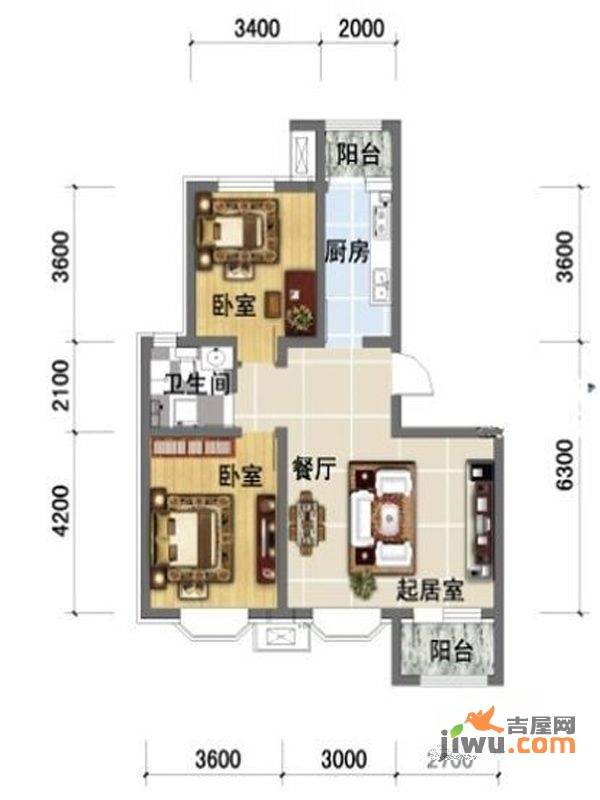 宝境栖园2室2厅1卫90㎡户型图