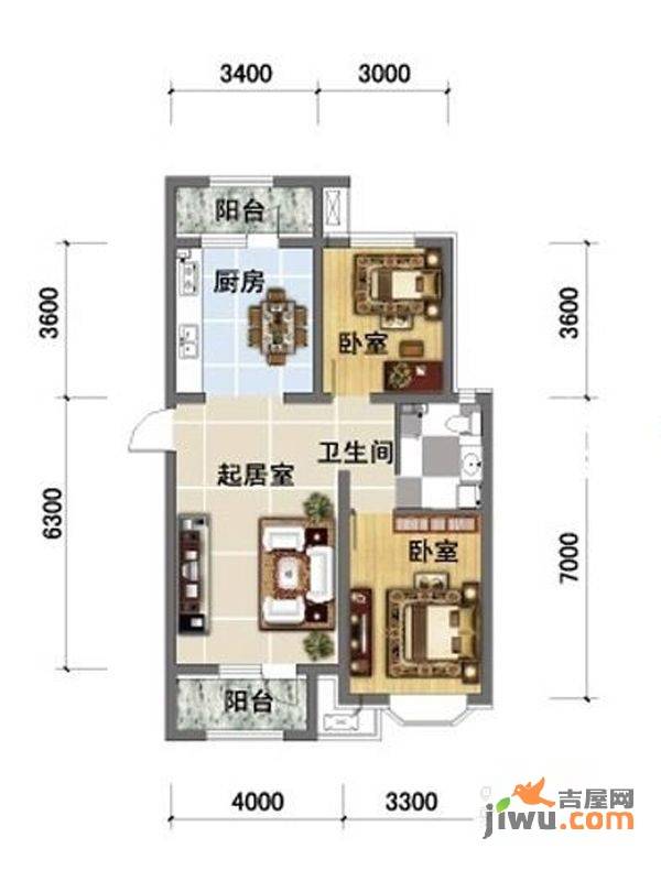 宝境栖园2室2厅1卫90㎡户型图