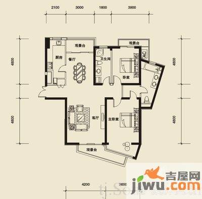 水岸公馆2室2厅2卫145.8㎡户型图