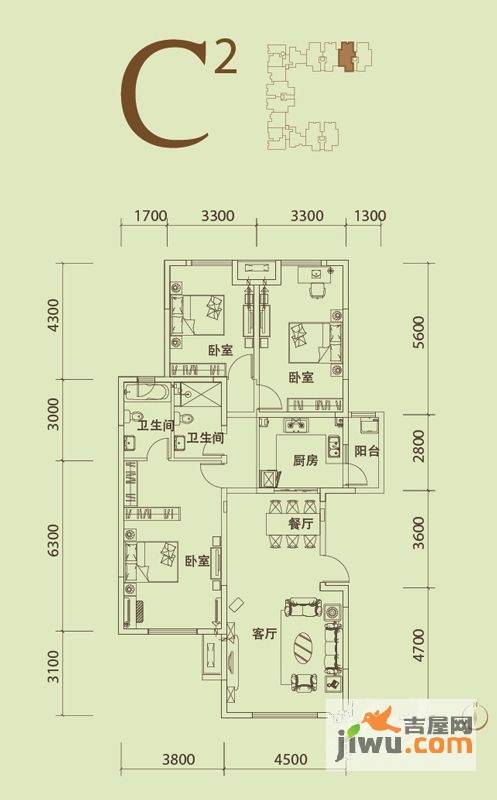 东丽湖万科城碧溪苑3室2厅2卫128㎡户型图