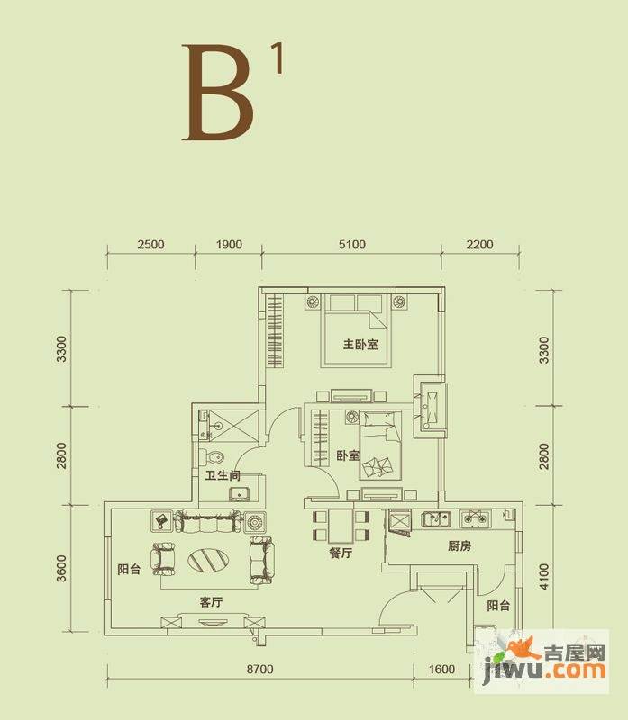 东丽湖万科城碧溪苑2室2厅1卫90㎡户型图