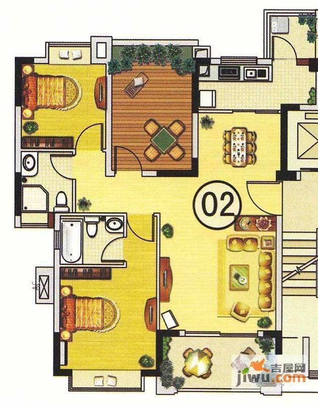 翰林国际2室2厅2卫96.5㎡户型图