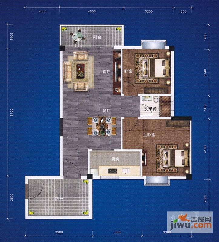 澳景蓝庭2室2厅1卫91.1㎡户型图