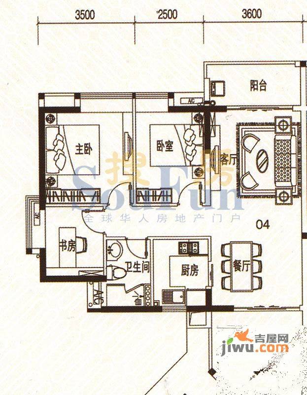 君华香柏广场3室2厅1卫91.7㎡户型图