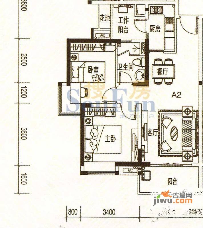 君华香柏广场2室2厅1卫78.1㎡户型图