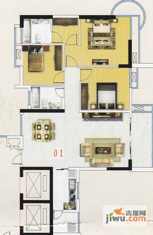 金竹家园3室2厅2卫122.3㎡户型图