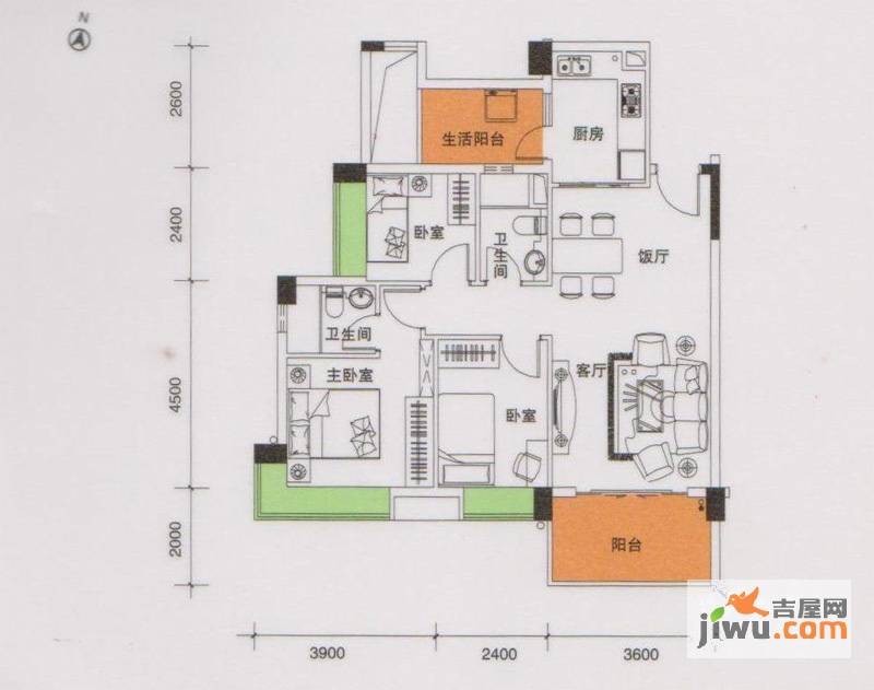 都市品格（福基苑）3室2厅2卫95.1㎡户型图