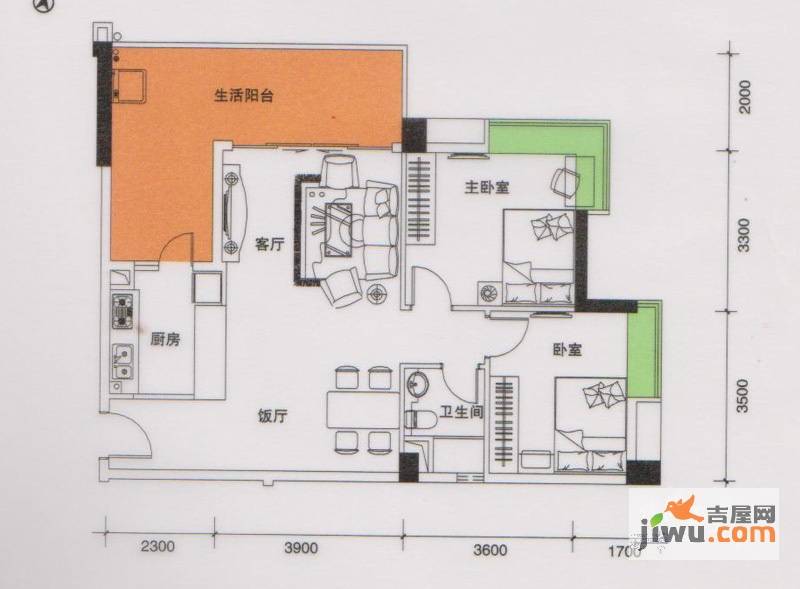 都市品格（福基苑）2室2厅1卫98.9㎡户型图