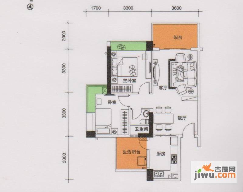 都市品格（福基苑）2室2厅1卫84.9㎡户型图