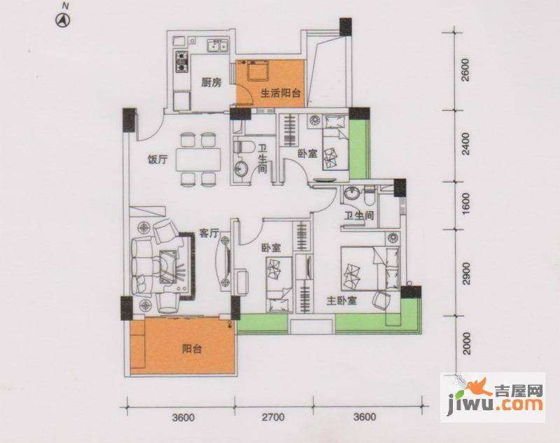 都市品格（福基苑）3室2厅2卫95.2㎡户型图