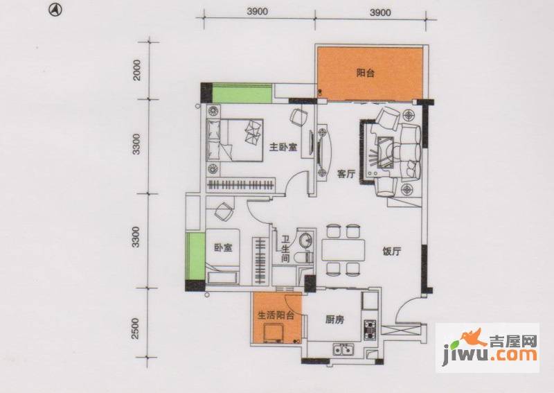 都市品格（福基苑）2室2厅1卫88.3㎡户型图