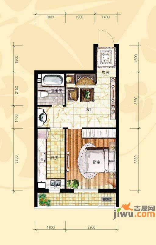 格林常青藤1室1厅1卫52㎡户型图