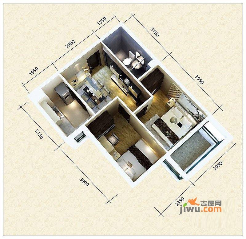 公园雅筑2室2厅1卫57.2㎡户型图