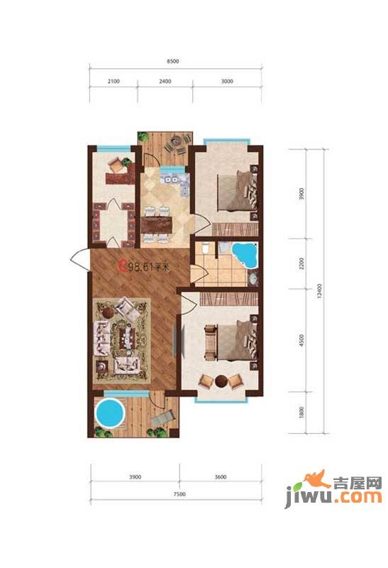 沈阳世界温泉部落（一期）美国郡普通住宅98.6㎡户型图